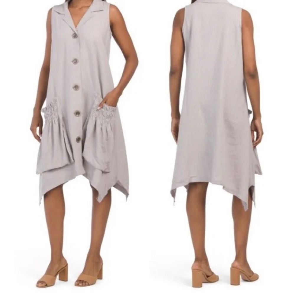 Artsy Linen Blend Lagenlook Sleeveless Button Front Tunic Vest Dress M